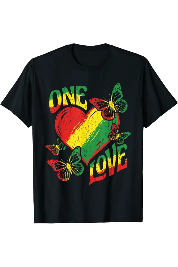 One Love Rasta Heart Red Yellow Green Reggae Butterfly Roots T-Shirt, Unisex T-Shirt