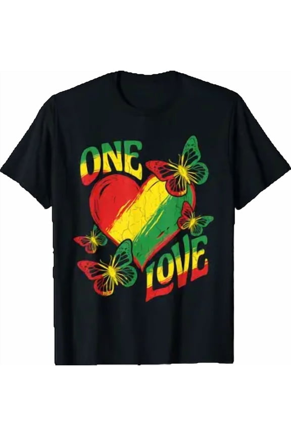 One Love Rasta Heart Red Yellow Green Reggae Butterfly Roots T-Shirt, Unisex T-Shirt