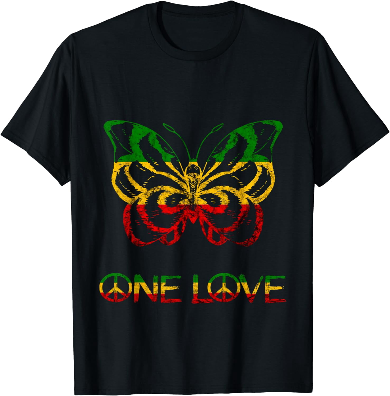 One Love Reggae Rasta Butterfly Hippie Rastafari Roots T-Shirt Black ...