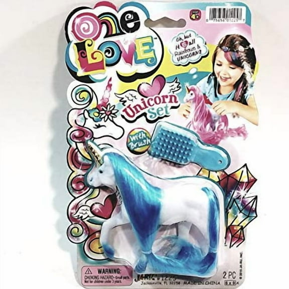 One Love White with Blue Hair Unicorn Doll Set with Brush