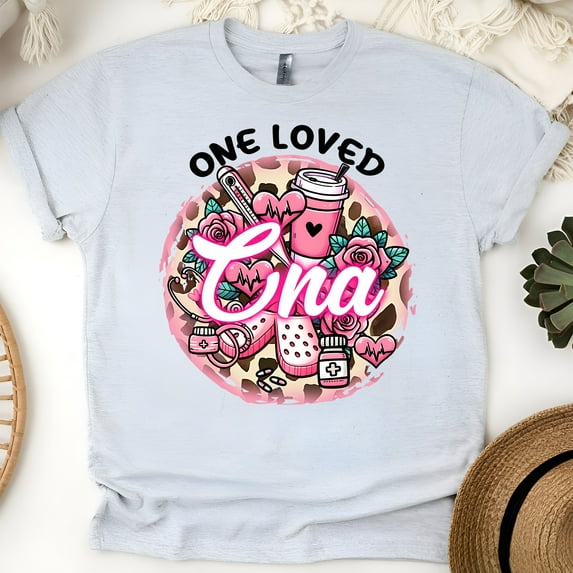 One Loved CNA Graphic T-Shirt | Valentine Heart Coffee Rose Design for Women Men, Ash, Size L