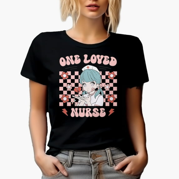 One Loved Nurse with Groovy Text & Anime Art, Retro Valentine's Day Gift, Black T-Shirt, Small