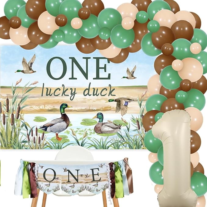 One Lucky Duck Birthday Decorations Green Mallard Duck One Lucky Duck Backdrop High Chair Banner Balloon Arch Kit for Boys Girls Duck Hunting Farm Animal 1st First Bday Party Supplies