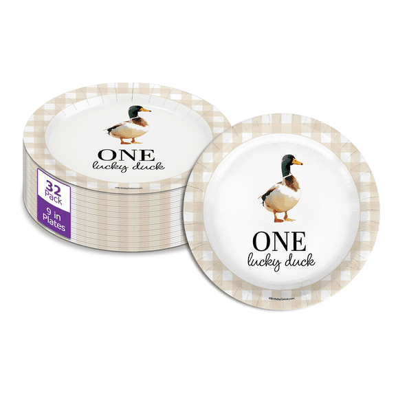 One Lucky Duck First Birthday - 32 Piece Disposable Party Supplies - Decorations for Beige Gingham 1st Birthday Round Party Plates - Large 9" Paper Plates In Bulk