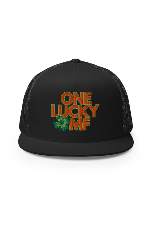 One Lucky MF St Patrick's Day Trucker Hat, Orange and Green Type Embroidery (Black)