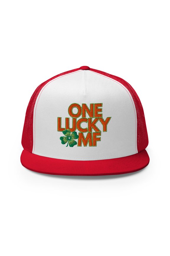 One Lucky MF St Patrick's Day Trucker Hat, Orange and Green Type Embroidery (Red/ White/ Red)