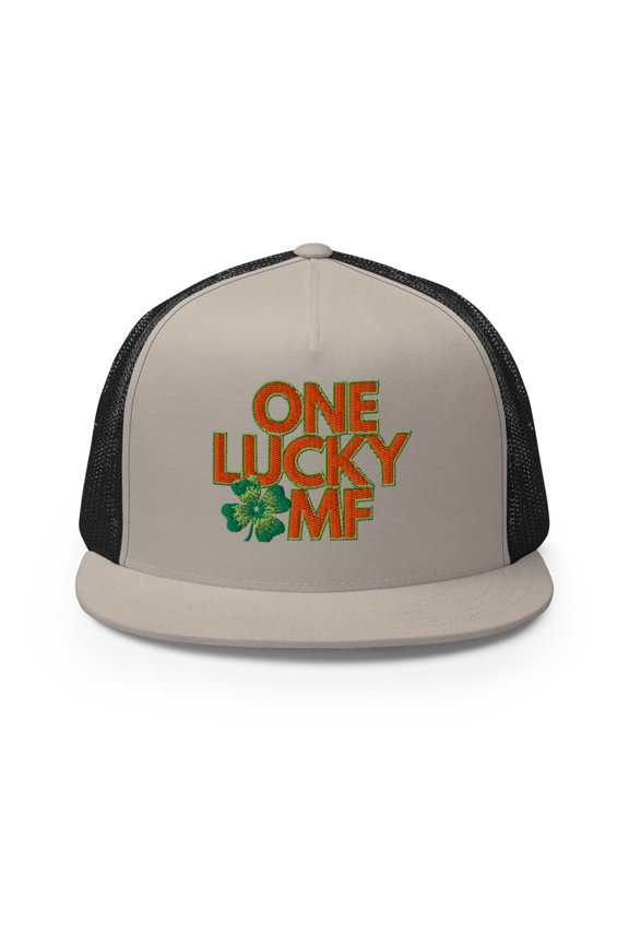 One Lucky MF St Patrick's Day Trucker Hat, Orange and Green Type Embroidery (Silver/ Black)