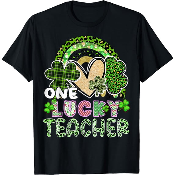 One Lucky Teacher St Patrick's Day Rainbow Leopard Shamrock T-Shirt