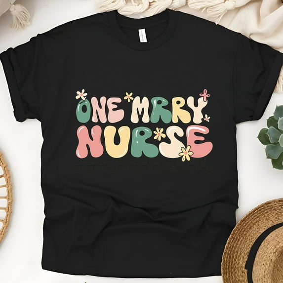 One Merry Nurse T-Shirt for Women, Retro Colorful Graphic Tee, Black, Size M