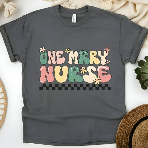 One Merry Nurse T-Shirt for Women, Retro Colorful Graphic Tee, Dark Heather, Size 3XL