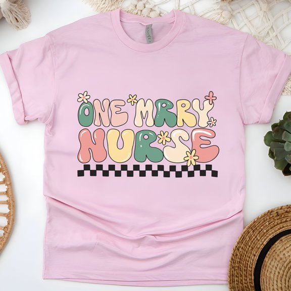 One Merry Nurse T-Shirt for Women, Retro Colorful Graphic Tee, Light Pink, Size L