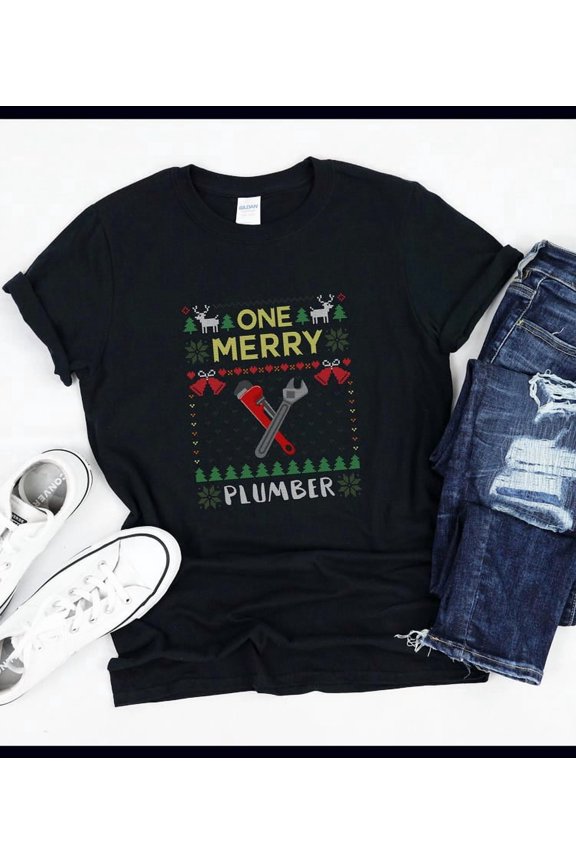 One Merry Plumber Funny Holiday Unisex T-Shirt for Christmas Plumbing Casual Wear up to 5XL