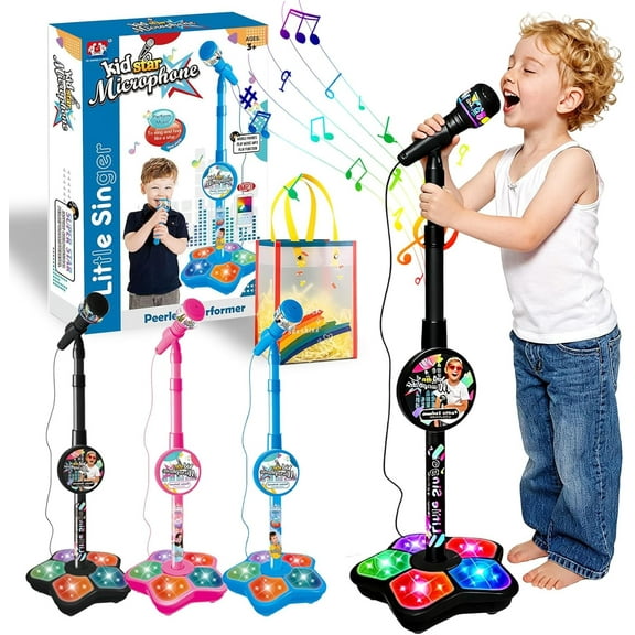 All in One Microphone Toy for Kids, 2026 New Kids Microphone with Adjustable Stand, Karaoke Microphone with Speaker & Colorful LED, for Phones, MP3 & Tablets, for Boys Girls (Black)