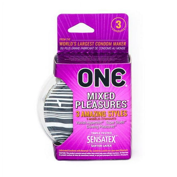 One Mixed Pleasures Variety Pack Assorted Lubricated Latex Condoms - 3 ct