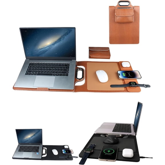 All in One Mobile Work Station Sleeve,Premium Wireless Charging Laptop Bag | Portable Foldable Laptop Desk Mat with 15w Wireless Charging Mouse Pads for Travel Desk