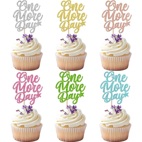 One More Day Glitter Cupcake Toppers, Multicolor, Wedding Rehearsal Dinner Countdown Theme Party Decorations, 12 Pack