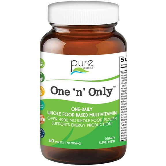 One N Only Multivitamin - One a Day Whole Food Supplement with Superfoods, Minerals, Enzymes, Vitamin D, D3, B12, Biotin by Pure Essence - 60 Tablets