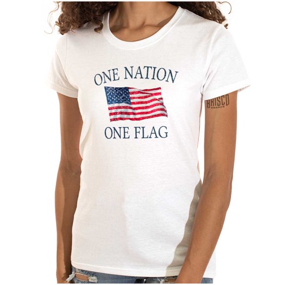 One Nation Distressed Flag USA Pride Womens Slim Fit Graphic Tee Brisco Brands M