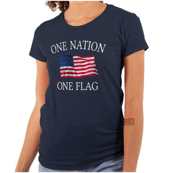 One Nation Distressed Flag USA Pride Womens Slim Fit Graphic Tee Brisco Brands S