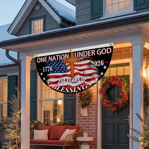 One Nation Under God 250th Anniversary Half Moon Banner, Patriotic Bunting, Polyester Weatherproof, for 4th of July Porch Railing Home Party Decor 35.4x17.7IN