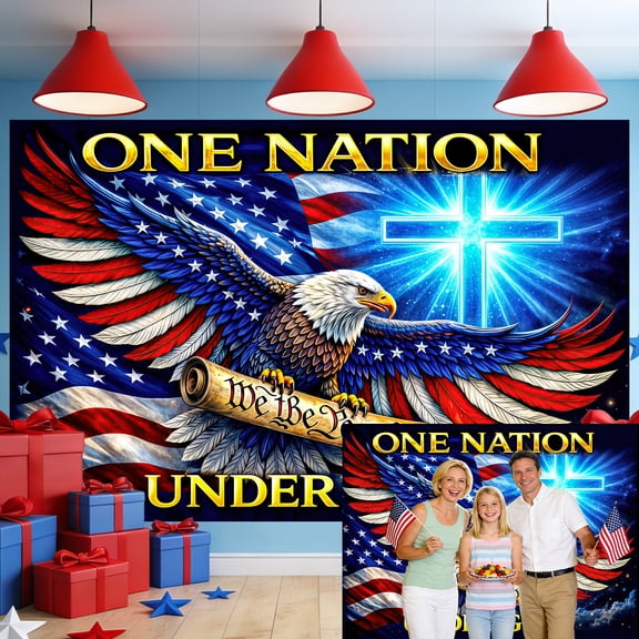 One Nation Under God Backdrop, 4th of July Patriotic American Flag Eagle Christian Cross Photography Background, Independence Day, Veterans Day, Church Events Photo Booth Decor, 8x6ft