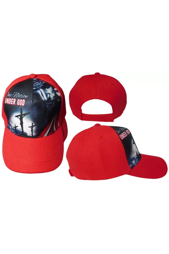 One Nation Under God 3 Cross USA Flag Red Printed Baseball Cap Hat