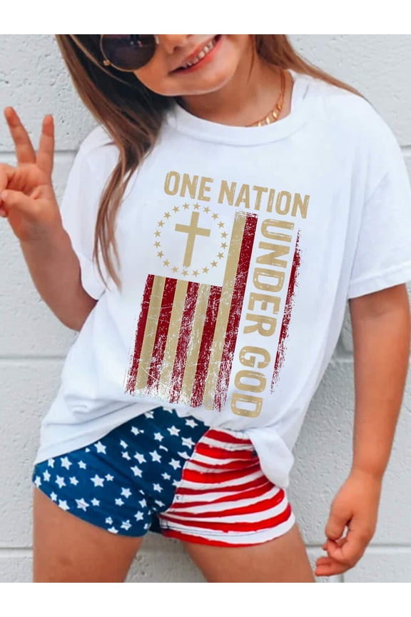 One Nation Under God Flag 4th of July Patriotic Christian Kids T-Shirt