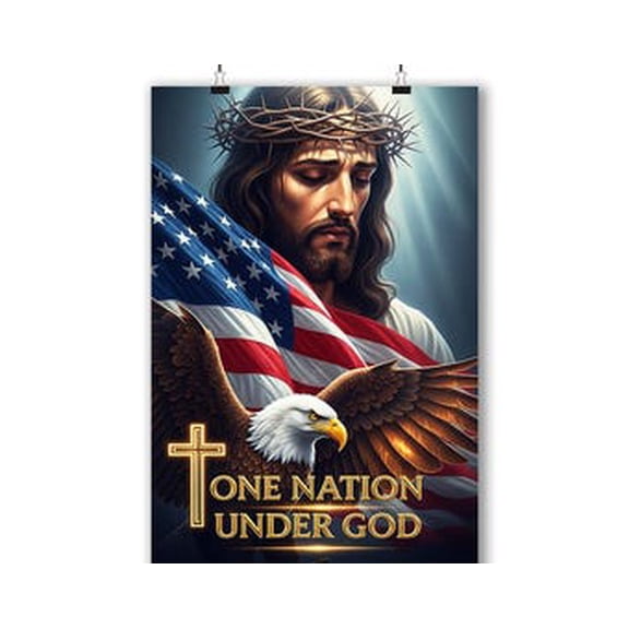 One Nation Under God Poster, Christian Patriotic Wall Art, Jesus American Flag Print, Faith and Freedom Religious Home Decor, 8x12 UNFRAMED