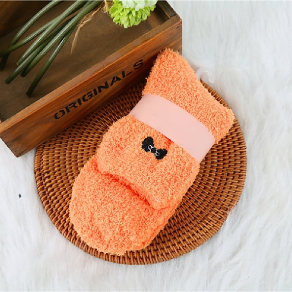 One Pack Solid Pastel Fuzzy Lounge Socks With Tiny Bow Decoration, Stretch Comfort Cuff Hosiery, Heat Lock Socks for All Day Home Relaxation Orange
