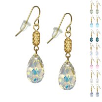One Pair 16mm Austrian Crystal Teardrop with Gold Woven Tube Dangle Earrings – Hypoallergenic Earwires - Aurora Borealis AB