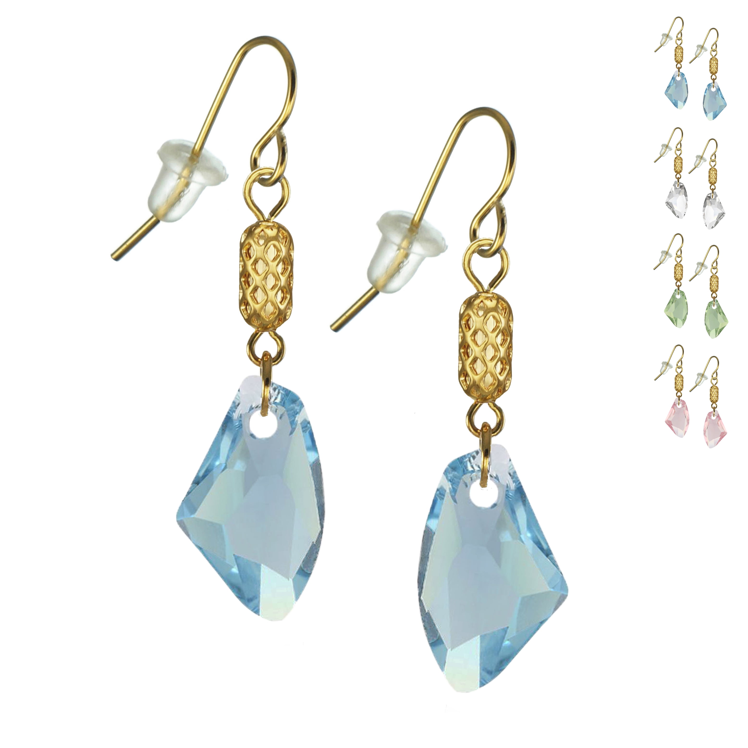 One Pair 19mm Austrian Galactic with Gold Woven Tube Dangle Earrings – Hypoallergenic Earwires - Aquamarine Blue