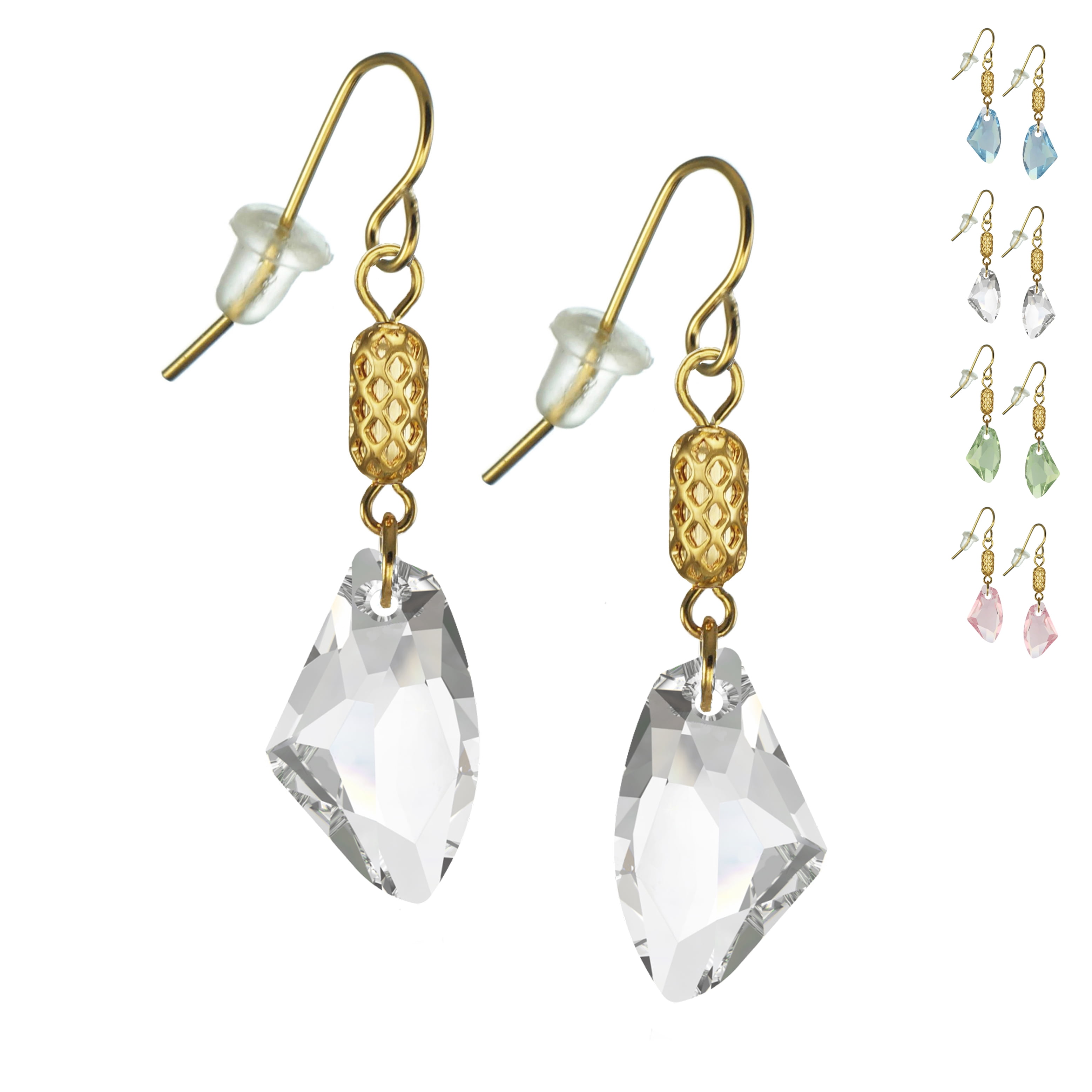One Pair 19mm Austrian Galactic with Gold Woven Tube Dangle Earrings – Hypoallergenic Earwires - Clear