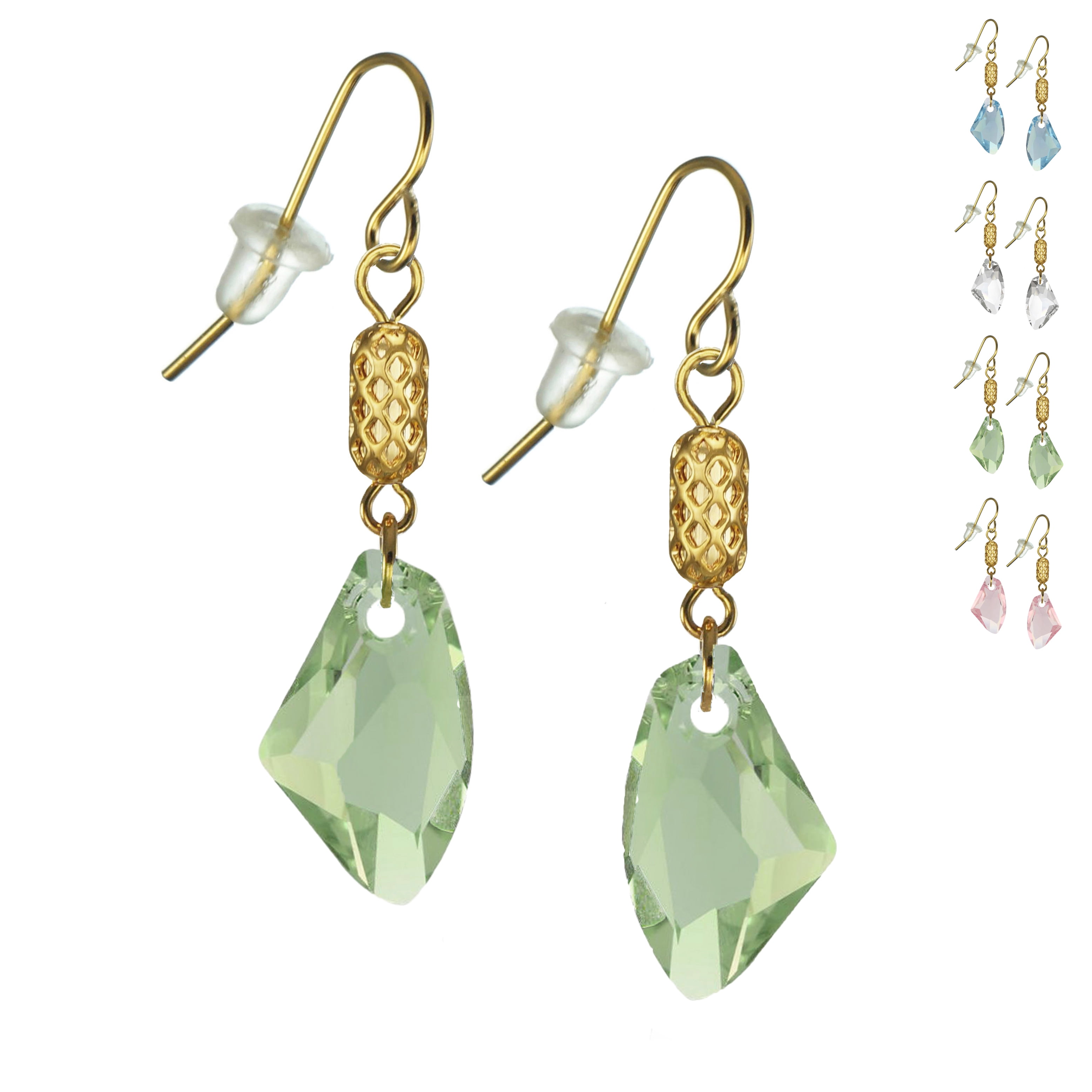 One Pair 19mm Austrian Galactic with Gold Woven Tube Dangle Earrings – Hypoallergenic Earwires - Peridot Green