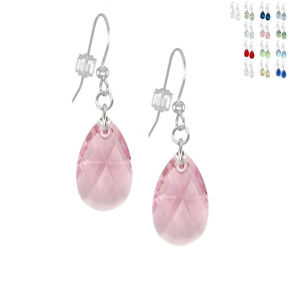 One Pair Austrian Crystal 16mm Teardrop .925 Sterling Silver Earrings - Pink