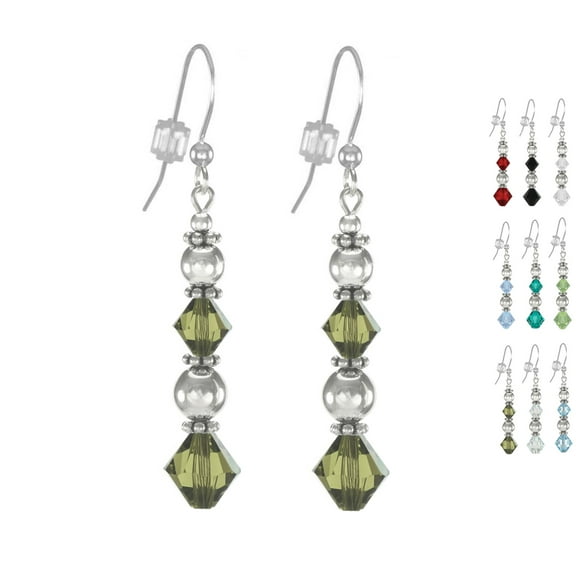 One Pair Austrian Crystal Double Bicone Sterling Silver Beaded Earrings - Olive Green