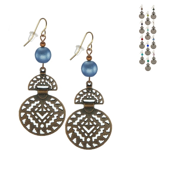 One Pair Boho Style Copper Drops with Colored Bead Earrings - Blue