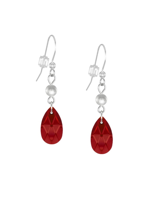 One Pair Handmade 16mm Austrian Crystal Teardrop Sterling Silver Beaded Earrings – Light Siam Red