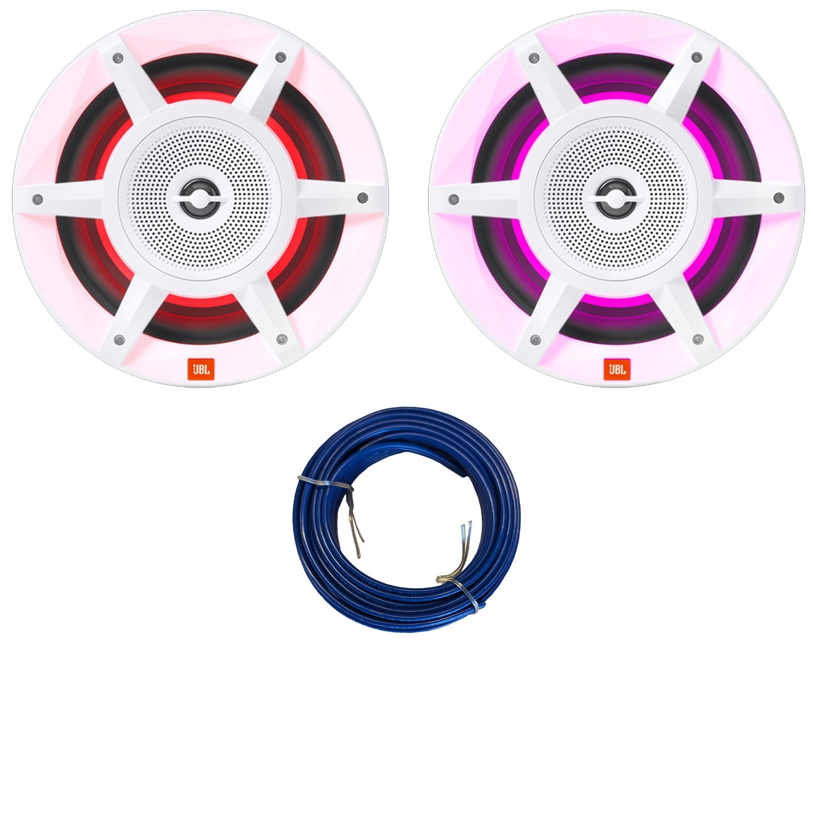 One Pair (QTY 2) Of JBL Stadium Marine MW8030 8" 500 Watts Max Power 3-Way Convertible White Marine Audio Speakers with MultiColor RGB LED Lighting (Bulk Packaging), 20 Feet 16 Gauge Speaker Wire