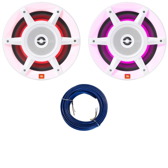 One Pair (QTY 2) Of JBL Stadium Marine MW8030 8" 500 Watts Max Power 3-Way Convertible White Marine Audio Speakers with MultiColor RGB LED Lighting (Bulk Packaging), 20 Feet 16 Gauge Speaker Wire