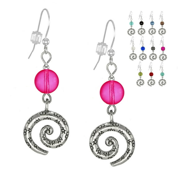 One Pair Textured Pewter Swirl & Bead Earrings with Sterling Silver Earwires - Hot Pink