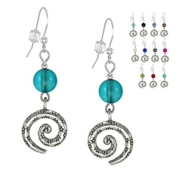 One Pair Textured Pewter Swirl & Bead Earrings with Sterling Silver Earwires - Turquoise Glass