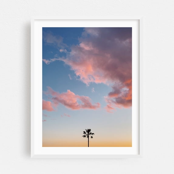 One Palm - Los Angeles California Photography Sunset Palm Tree Minimalist Tropical Pastel Skyline Scenic White Framed Wall Art Print 5 x 7 inches
