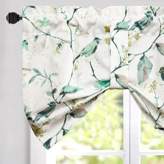 VOGOL One Panel Birds and Floral Pattern Tie-up Valance, Curtain Shades for Bathroom Kitchen, Pocket Top, 52x18 inch, Green