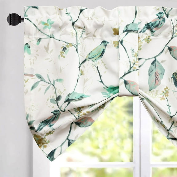 VOGOL One Panel Birds and Floral Pattern Tie-up Valance, Curtain Shades for Bathroom Kitchen, Pocket Top, 52x18 inch, Green