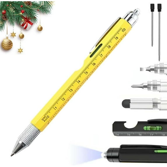 One Pen Nine Functions-Christmas Gifts for Men, 9-in-1 Multi Tool Tech Pen, Metal Ballpoint Pens with Ruler Touch Screwdriver LED Light Screwdriver Opener, Unique Gadget Pens(Yellow)