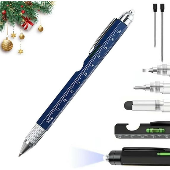 One Pen Nine Functions-Christmas Gifts for Men, 9-in-1 Multi Tool Tech Pen, Metal Ballpoint Pens with Ruler Touch Screwdriver LED Light Screwdriver Opener, Unique Gadget Pens(Blue)