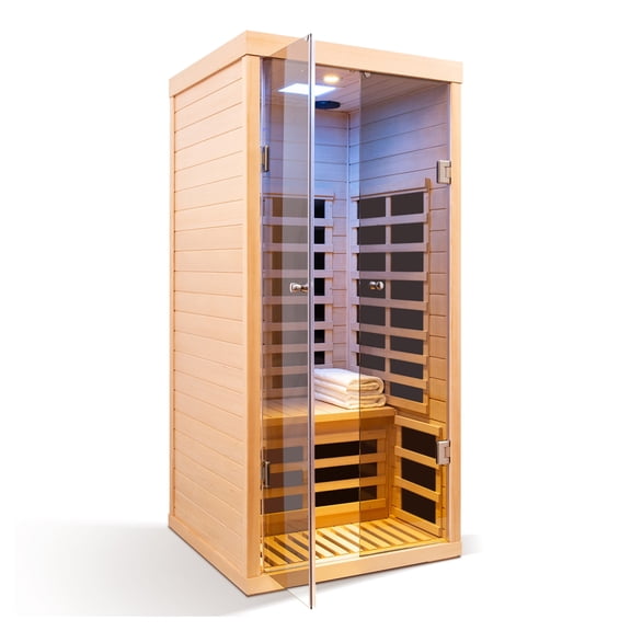 One Person Far Infrared Sauna, Hemlock Wood, Double Glass Doors, 35.43 in Wide, 7 Heating Panels, Indoor Home Spa
