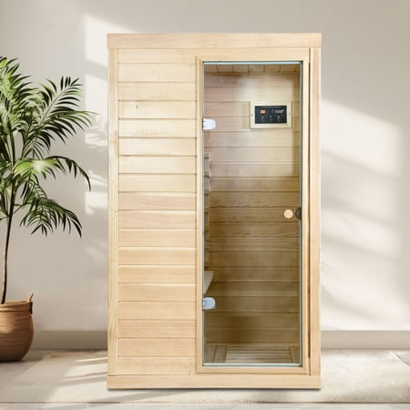 One Person Hemlock Far Infrared Indoor Sauna Room, Right Side Glass Door, 6 Heating Panels, 850W-1050W, LCD Touch Control, Bluetooth Speaker, LED Lights, 110V/120V US Plug