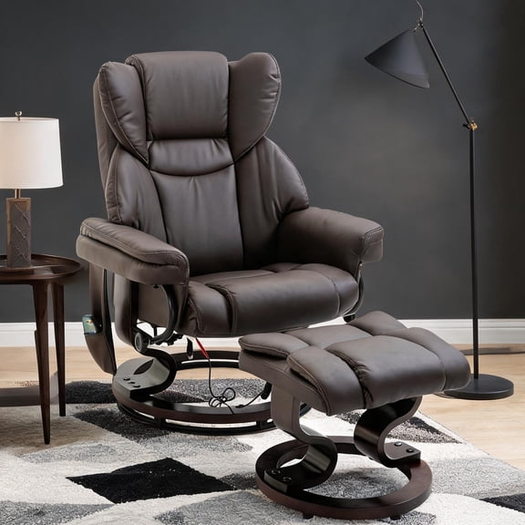 One-Person Manual Massage Recliner Ottoman Set, 10 Vibration Points, 360 Swivel, Modern Faux Leather, Classic Brown