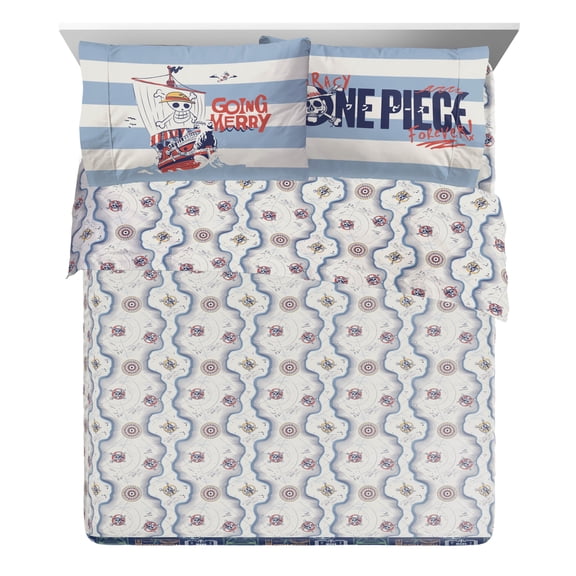 One Piece Piracy Forever Kids 4 Piece White and Blue Bedding Sheet Set, Netflix, Full